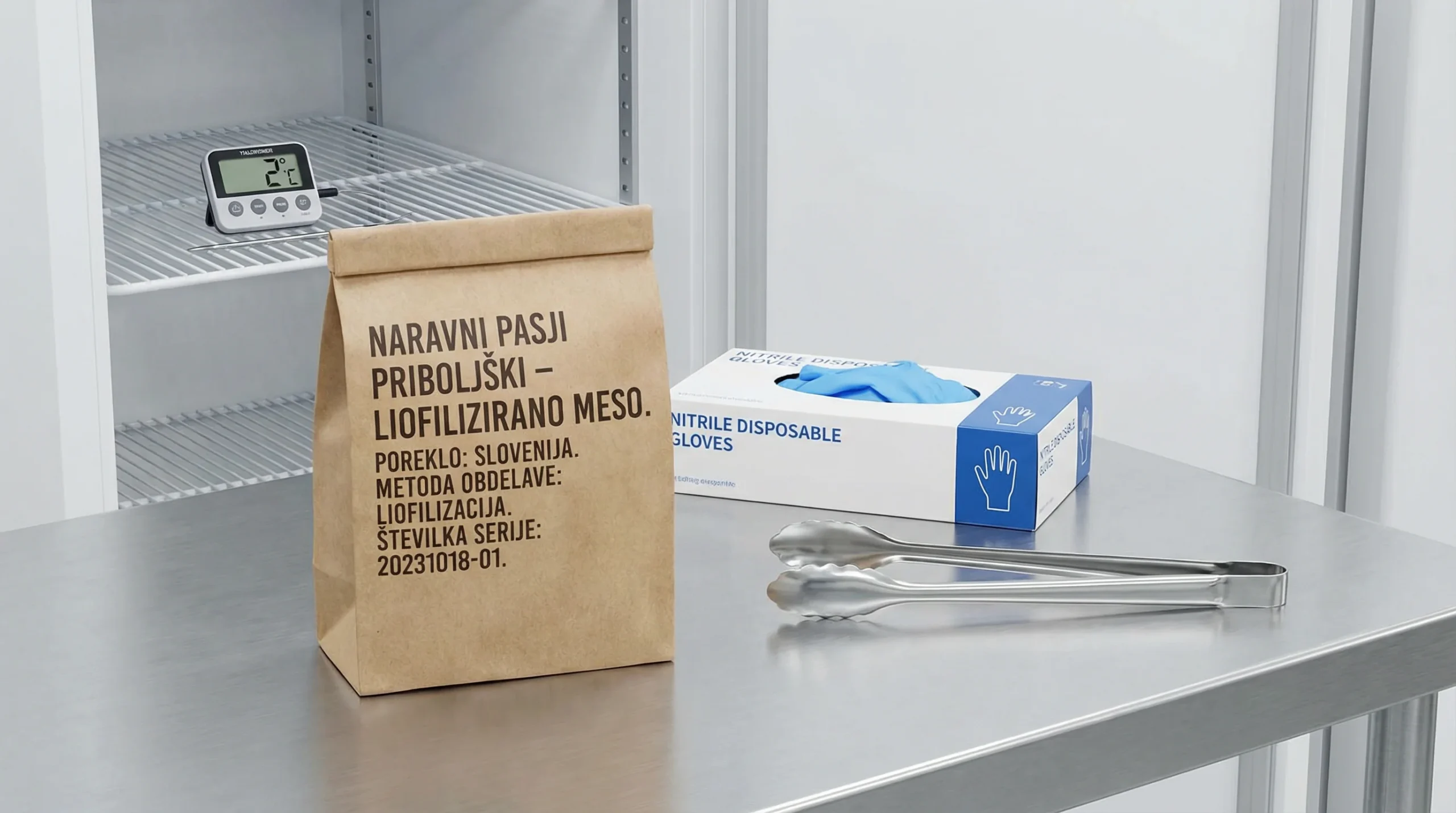 Vrste naravnih priboljškov: surovi, liofilizirani, dehidrirani in žvečilni (primerjave + uporaba) 4 Bližnji posnetek embalaže naravnih pasjih priboljškov na čisti mizi: jasno vidna deklaracija z navedenim poreklom, metodo obdelave (liofilizacija ali