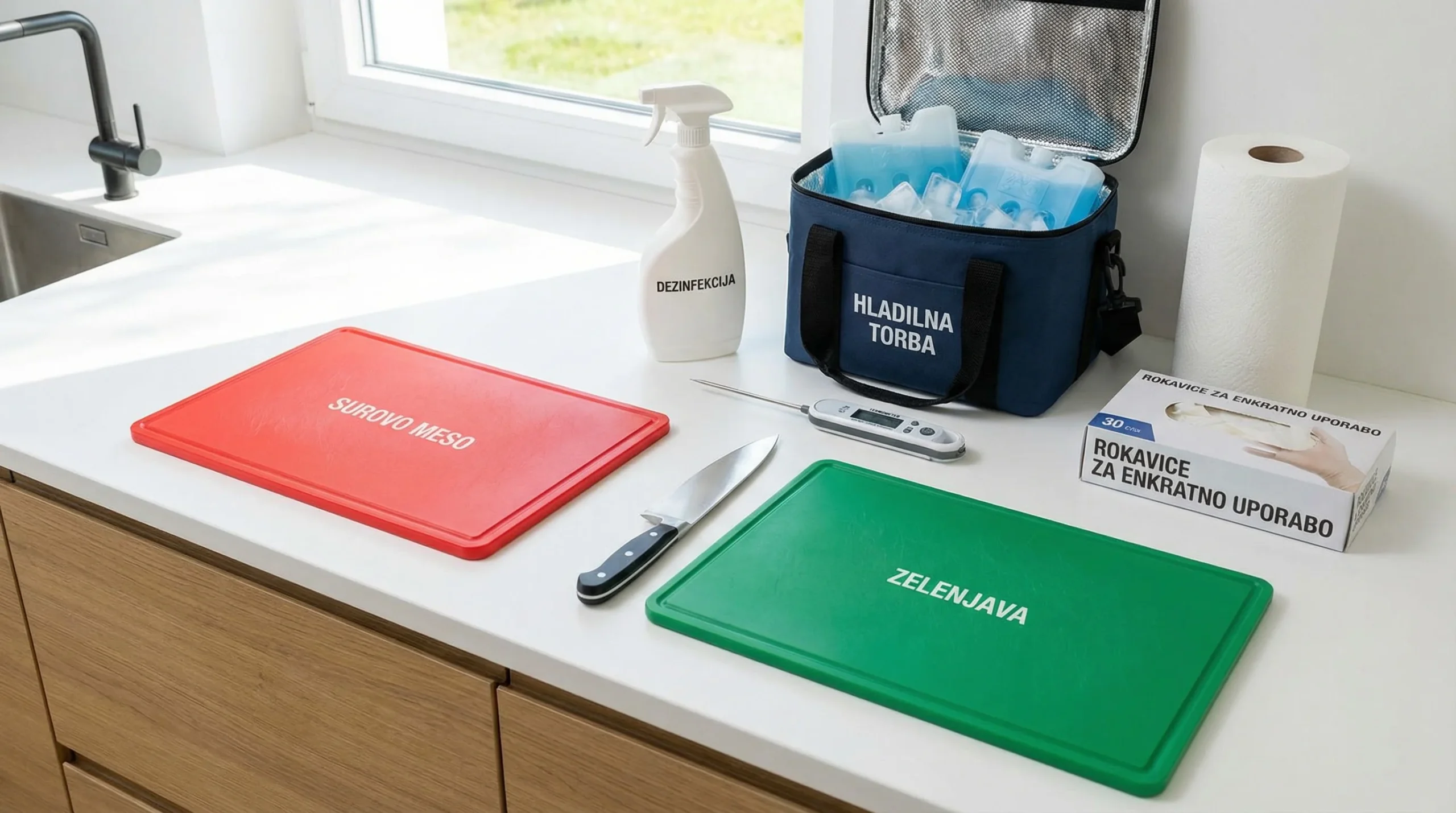 DIY naravni priboljški: varni recepti, čas sušenja, temperatura in HACCP za dom 2 Čista kuhinjska površina z dvema ločenima rezalnima deskama (rdeča za surovo meso, zelena za zelenjavo), oster kuhinjski nož, razkužilo v pršilu, jedi