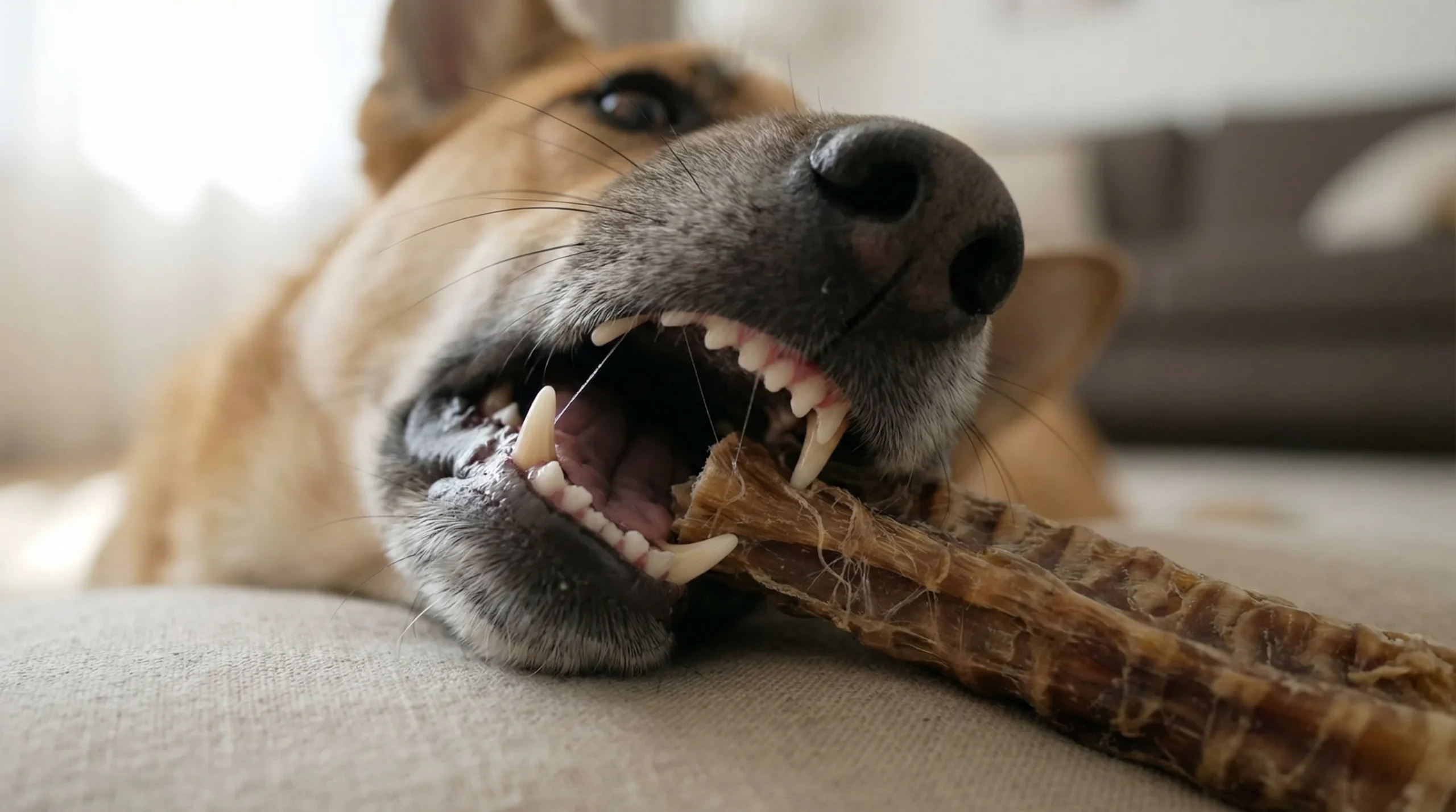Dentalni naravni žvečilni priboljški: kožni trakovi, kosti, sušeni sapniki in varna uporaba 2 Makro fotografija gobca srednje velikega psa, ki mirno leži na blazini in žveči sušen goveji sapnik. Ostrina je na zobeh in vlaknasti površini sapnika