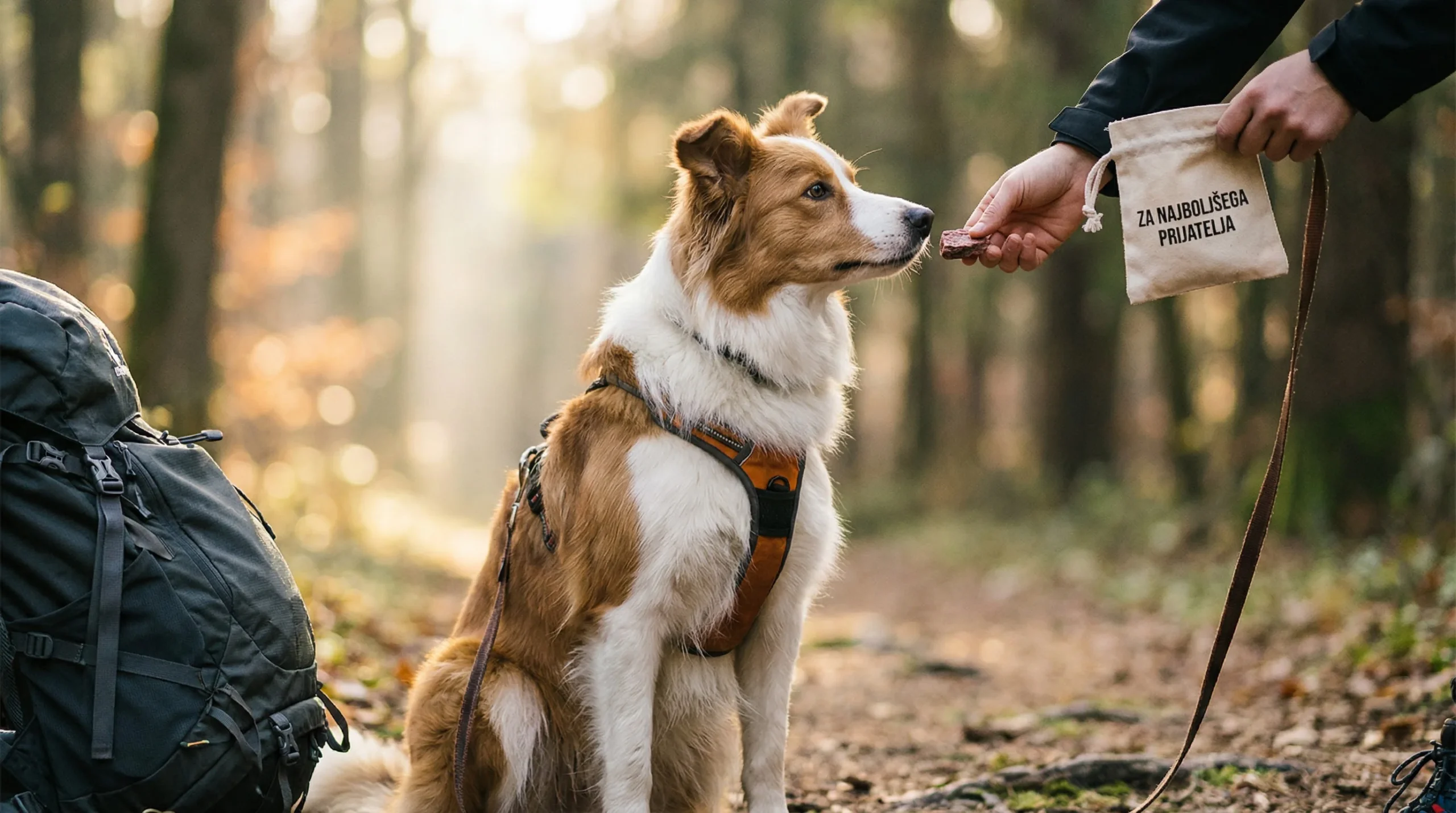 Liofilizirani priboljški: primerjava z zamrznjenimi, hranilna gostota in priročnost na poti 2 Fotografija na prostem: srednje velik pes (npr. border collie) sedi pozorno na gozdni ali planinski poti, roka brez vidnega obraza drži majhno torbico