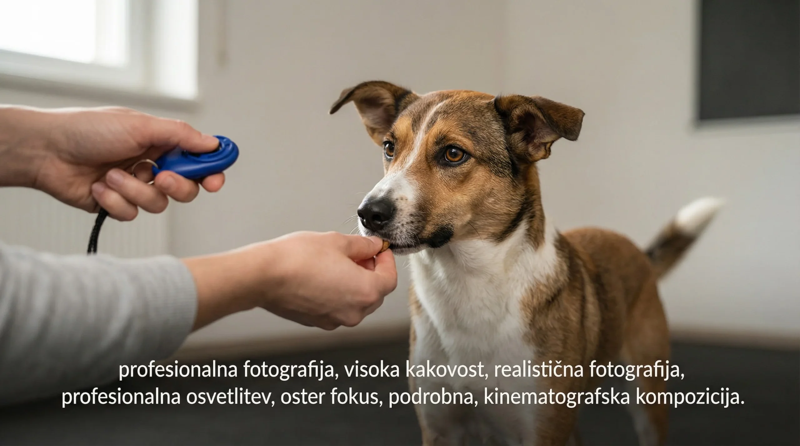 Trening priboljški: izbira, velikost koščkov, palatabilnost in shaping vedenja 2 Fotografija iz nizkega kota: v eni roki moder klikker, v drugi roki droben priboljšek, ki ga takoj po markerju prejme pes; pes (srednje velik mešanček