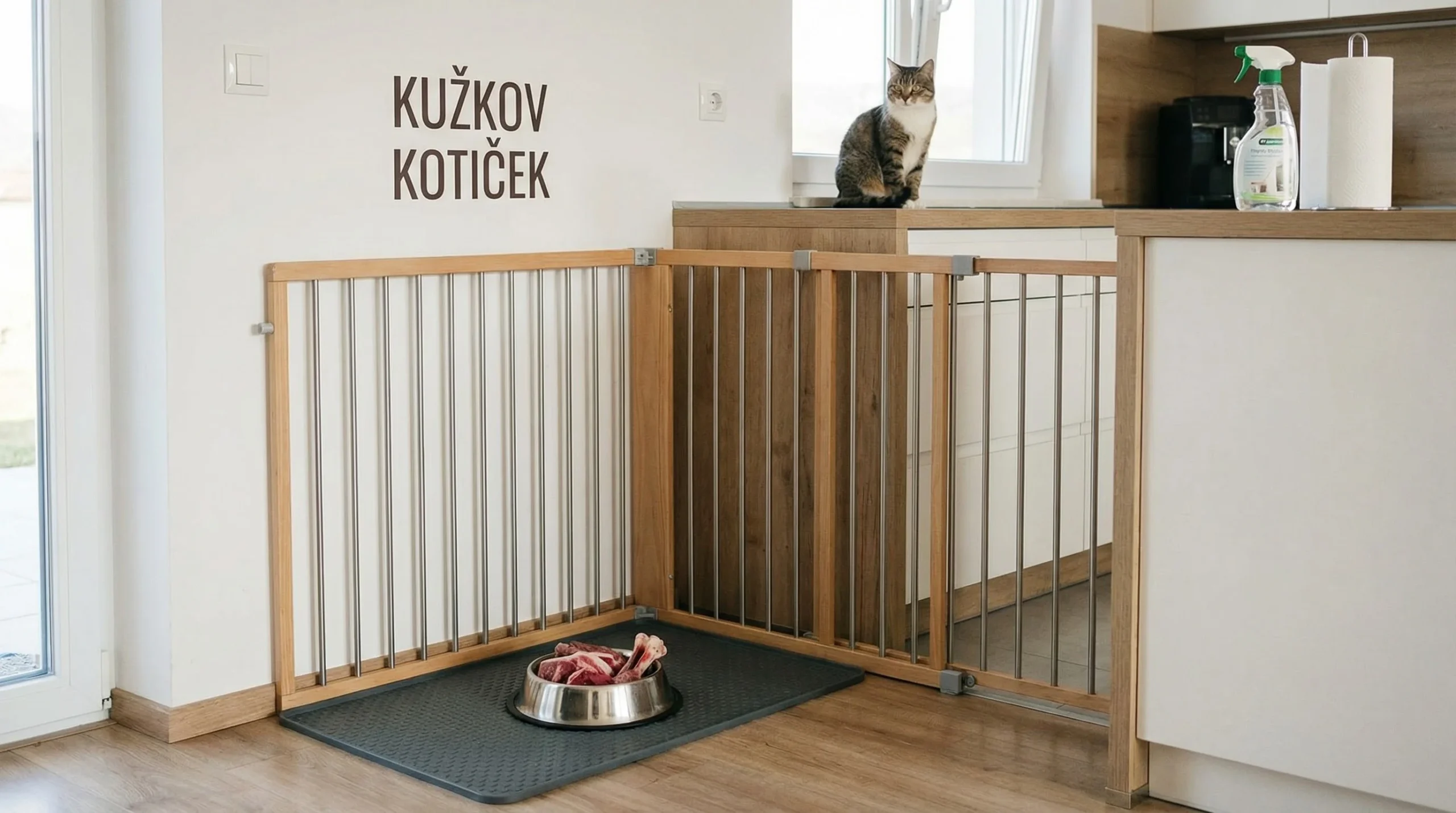 Varnost in higiena pri surovih priboljških: odtaljevanje, shranjevanje in preprečevanje kontaminacije 2 Fotografija 'kužkovega kotička' v kuhinji: pralna gumijasta podloga na tleh, na njej nerjaveča skleda s surovim priboljškom. Okoli je postavljena otro