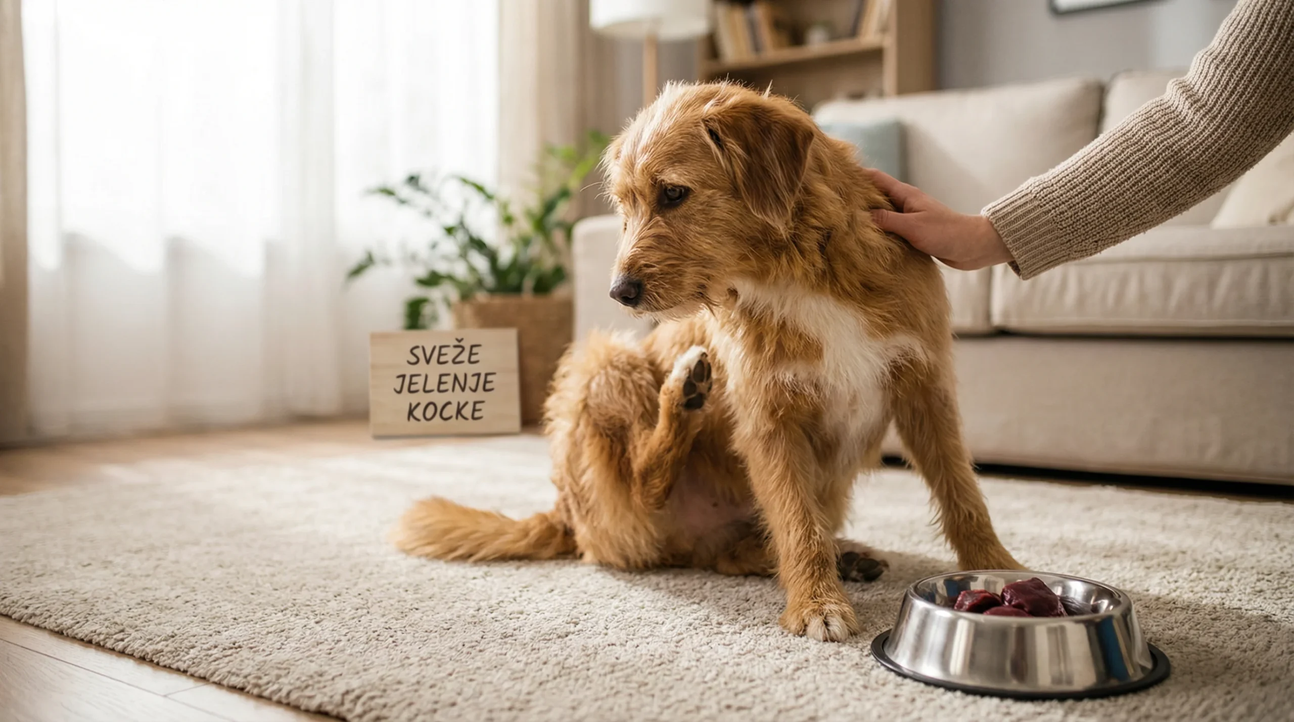 Eliminacijska dieta pri alergijah: izbor beljakovin (divjačina, ovčetina) in protokol spremljanja 2 A medium-sized mixed-breed dog gently scratching its ear on a light rug while a person's hand reassures it on the shoulder (face out of frame). Nearby