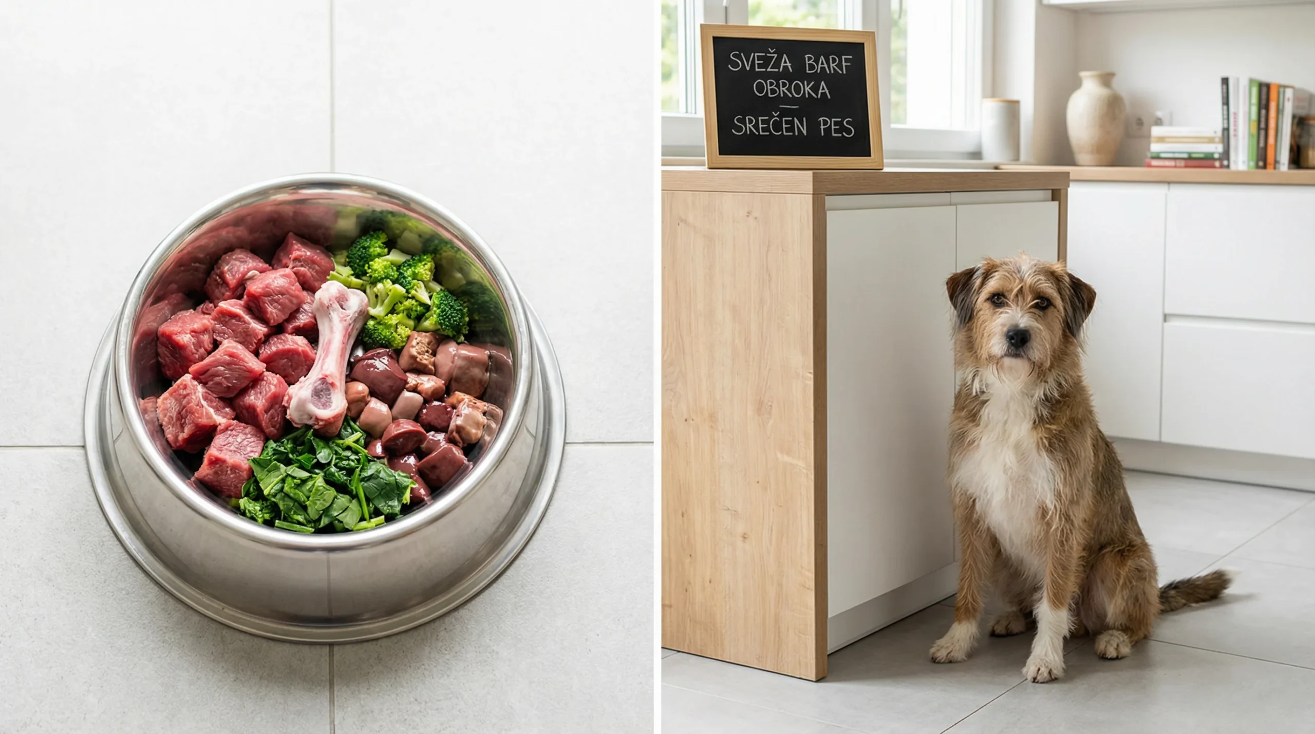 Priprava domače surove hrane za pse (BARF): kako začeti, kaj izbrati in kdaj katere formate uporabiti 2 A clean home kitchen scene with a stainless steel dog bowl containing a balanced raw BARF meal: chunks of red muscle meat, a small meaty bone, diced b