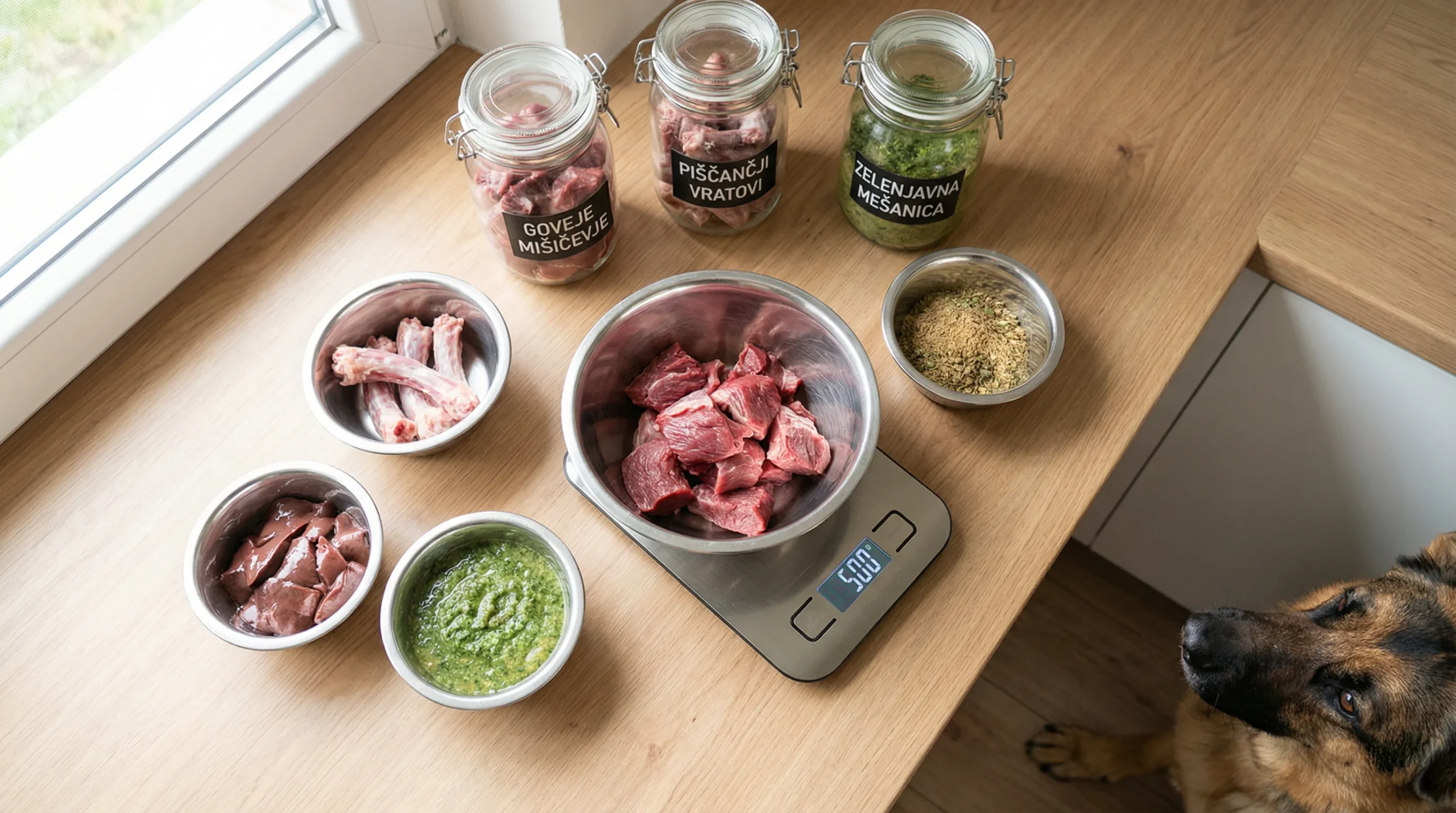 Kako sestaviti uravnotežen BARF obrok: 80/20 razmerja, kosti in organi brez napak 2 Top-down view of a clean kitchen counter with a digital scale weighing raw dog food ingredients for a balanced BARF meal: separate stainless-steel bow