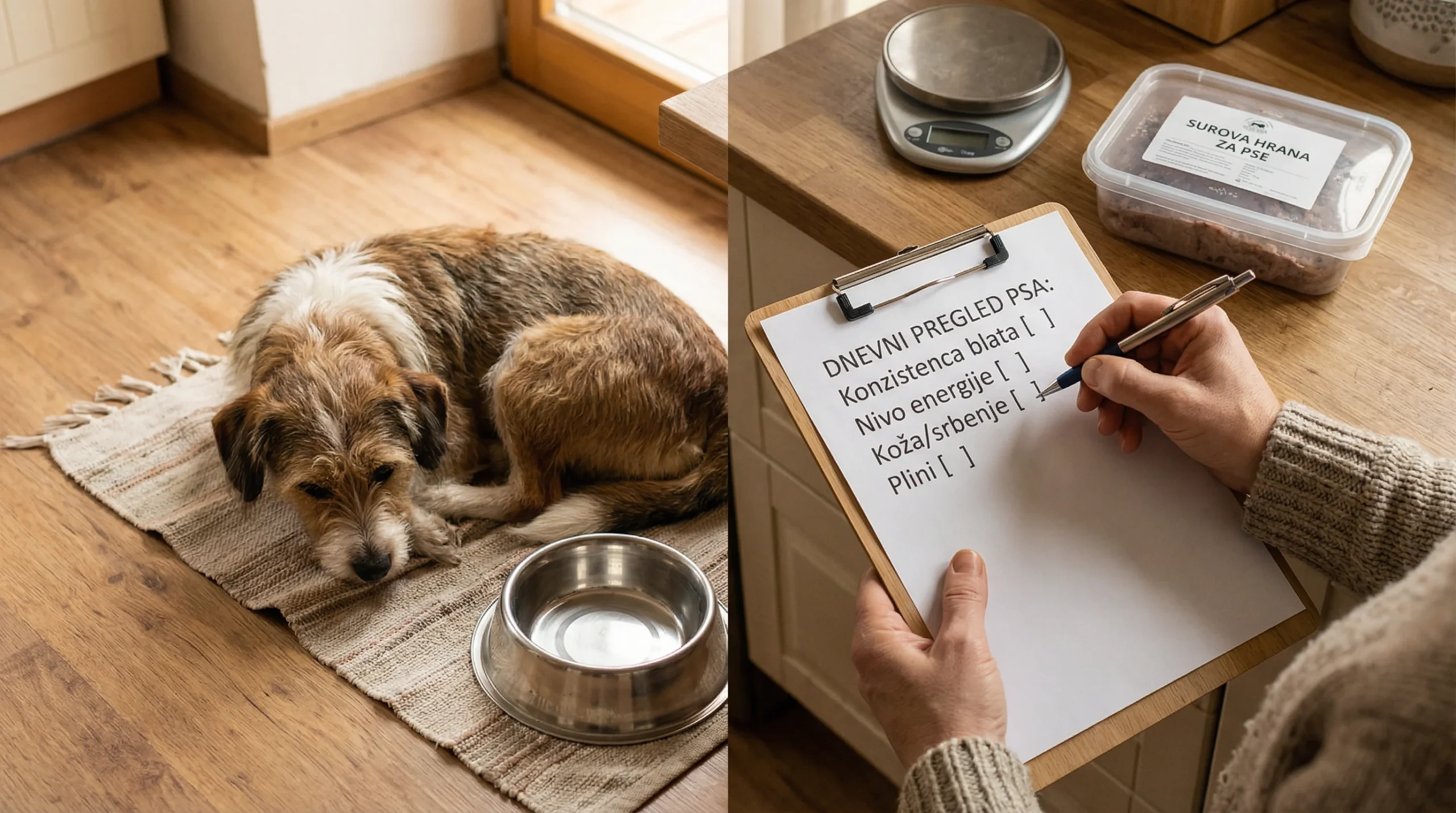 Kako brati deklaracije surove hrane: sestavine, razmerja in kakovostni standardi 4 Cozy home kitchen scene with a medium mixed-breed dog resting calmly on a mat near a stainless steel bowl. A person's hands (no face visible) hold a c