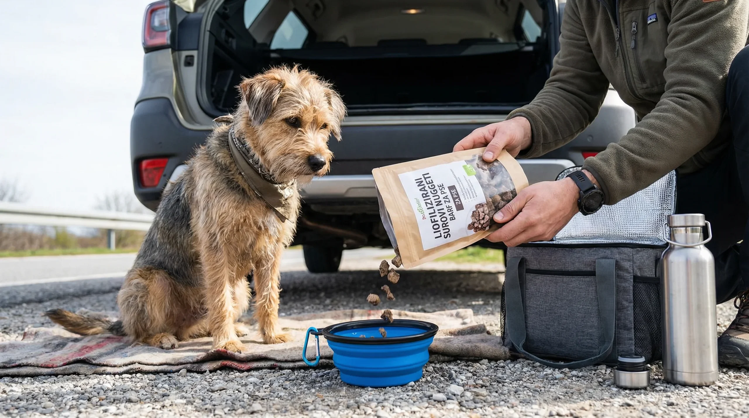 On‑the‑go BARF: liofilizirana hrana in surovi priboljški na poti 2 Road-trip scene: a medium-sized mixed-breed dog beside an open car trunk while a person’s hands (no face) portion freeze-dried raw BARF nuggets from a