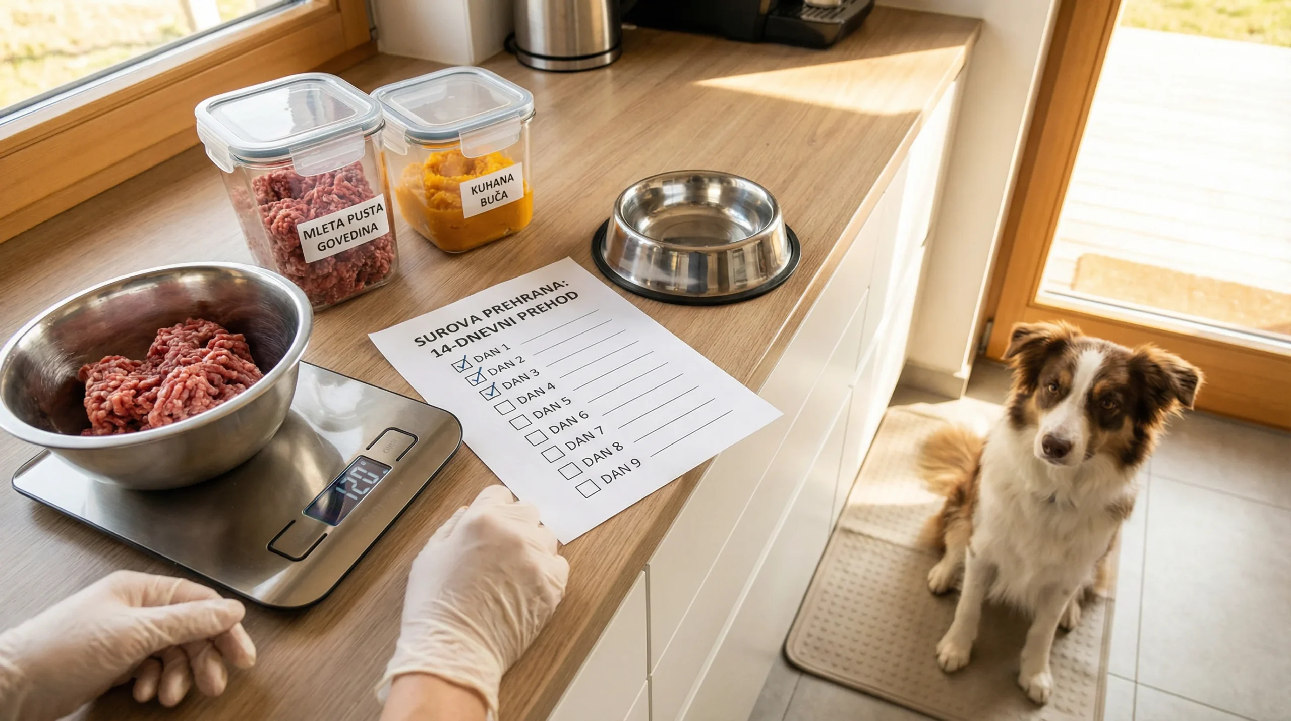 14‑dnevni načrt prehoda na BARF za začetnike (dnevni protokol in spremljanje odzivov) 2 A clean home kitchen countertop set up for a dog's raw diet transition: labeled airtight containers with lean ground meat and a small cup of cooked pu