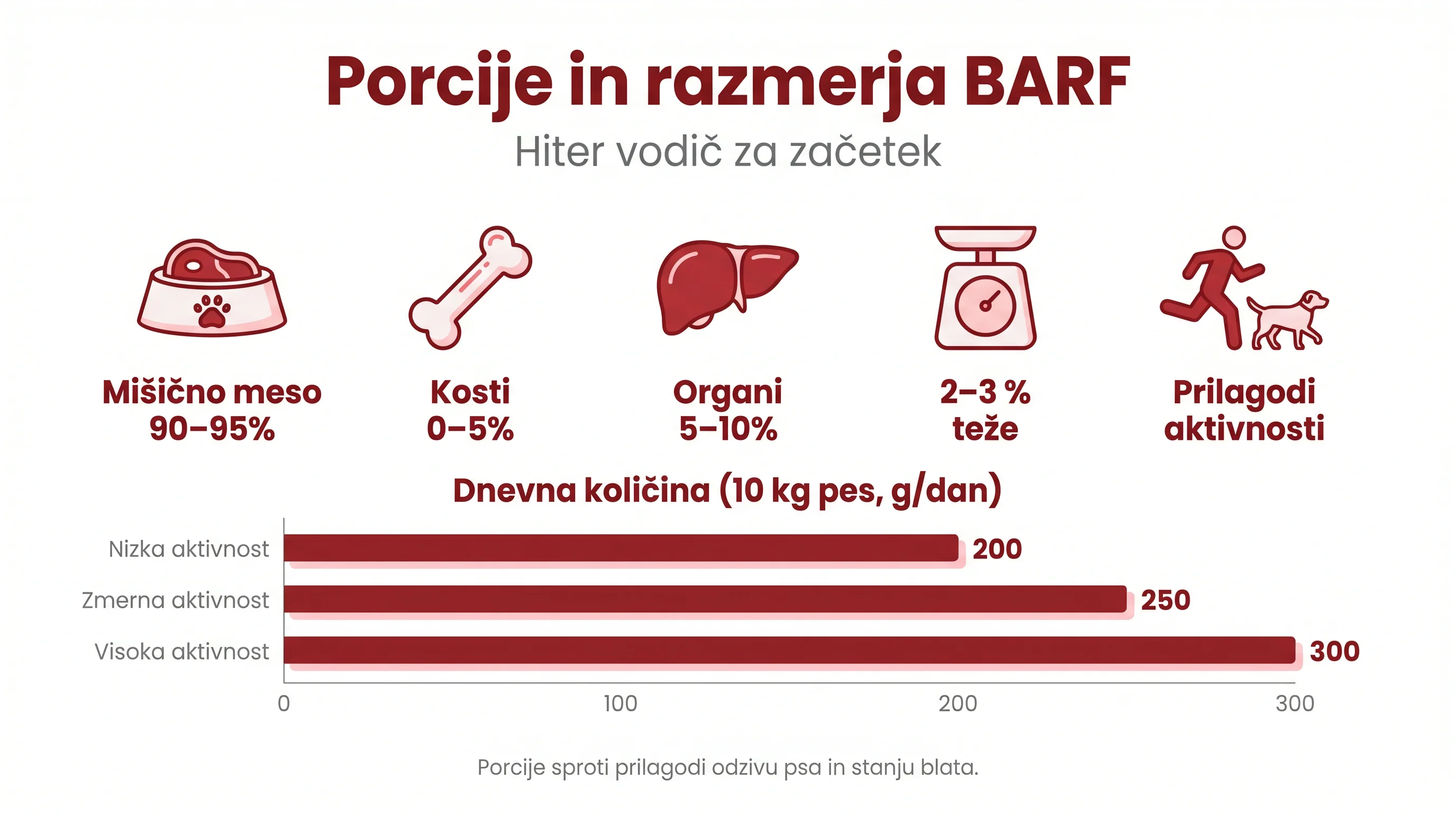 BARF za občutljive pse: eliminacijski jedilnik z divjačino ali ovčetino 4 Porcije in razmerja BARF