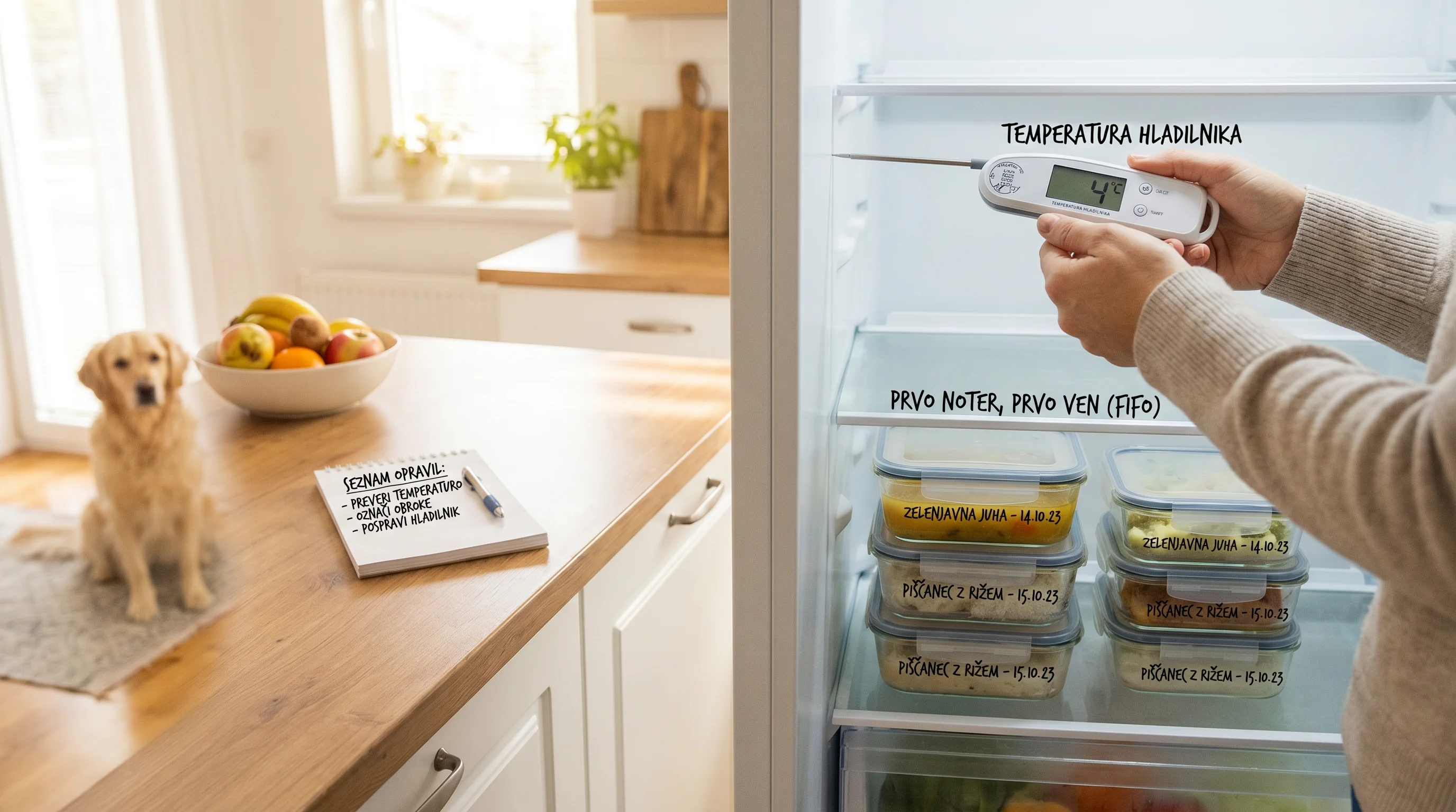 Varnost surove prehrane doma: higiena, odtaljevanje in shranjevanje 4 A bright home kitchen scene without visible faces: a person's hands checking a fridge thermometer showing 4 °C, neatly labeled meal containers with da