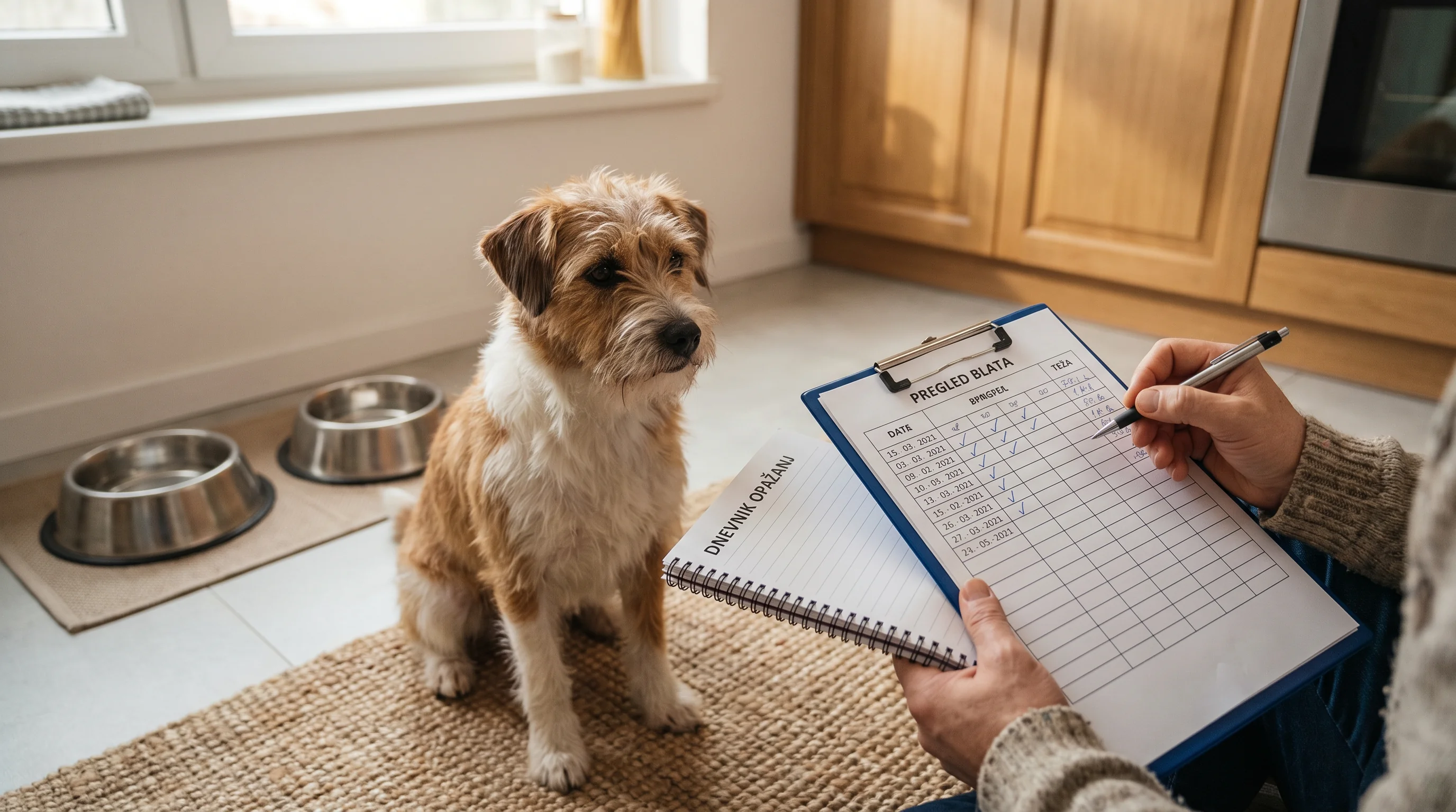 Liofilizirano vs. zamrznjeno: kateri surovi format je pravi za vašega psa? 4 A medium-sized mixed-breed dog being observed at home while the owner (no face visible) notes stool consistency on a simple 14-day checklist and logs