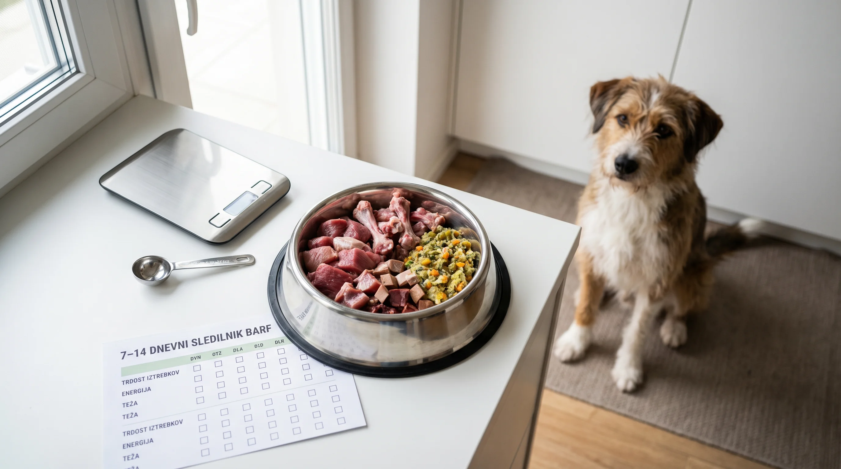Kako sestaviti uravnotežen BARF obrok: 80/20, kosti in organi brez napak 4 A tidy kitchen counter scene: stainless steel dog bowl with a balanced raw BARF meal arranged in clear sections (lean muscle meat, small meaty bones,