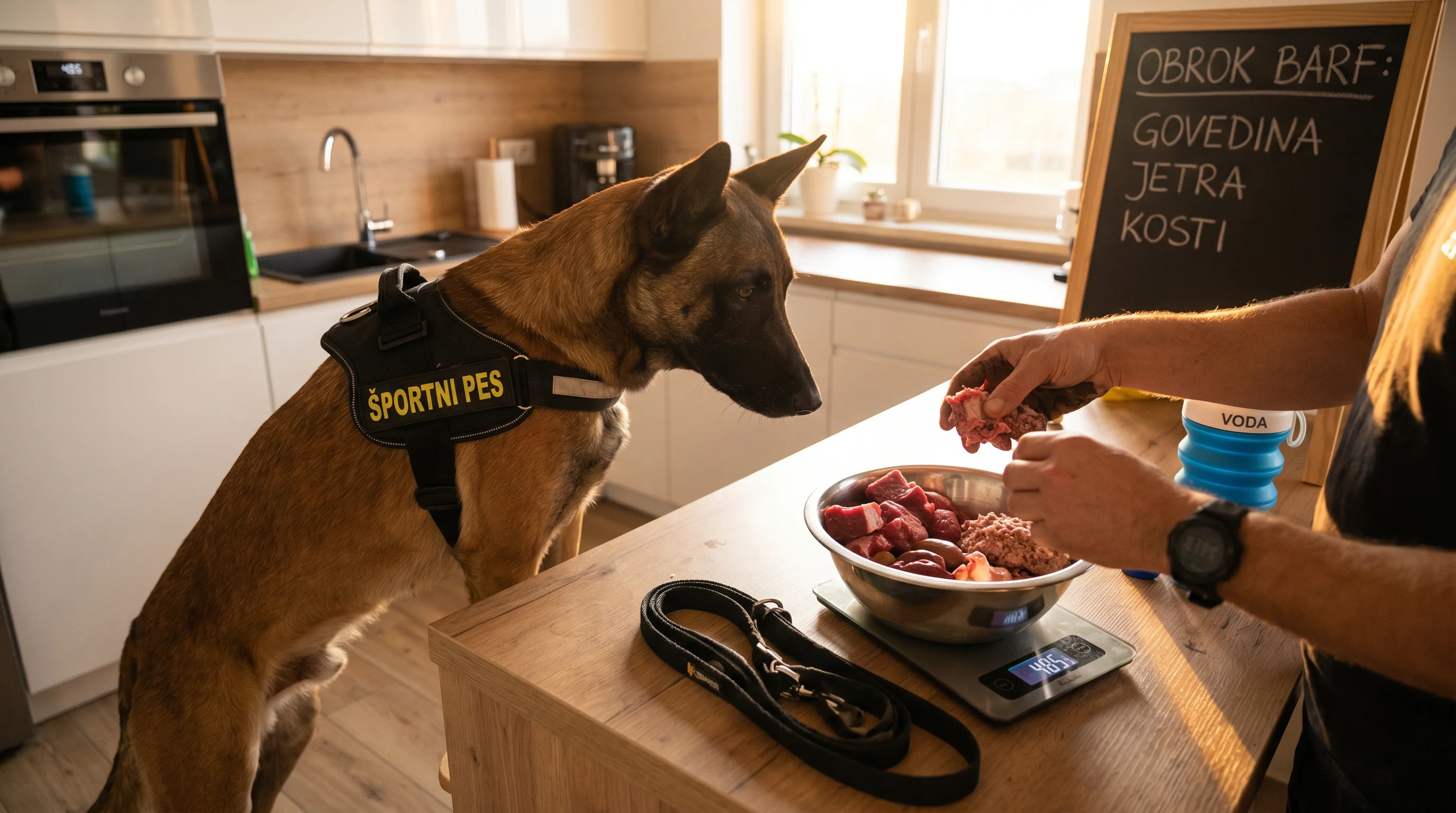 Aktivni in športni psi: prilagoditev BARF-a za energijo in regeneracijo 2 Athletic Belgian Malinois, lean and focused, in a bright kitchen at dawn; owner’s hands (no face) weigh and portion a fresh BARF meal—raw beef chunks,