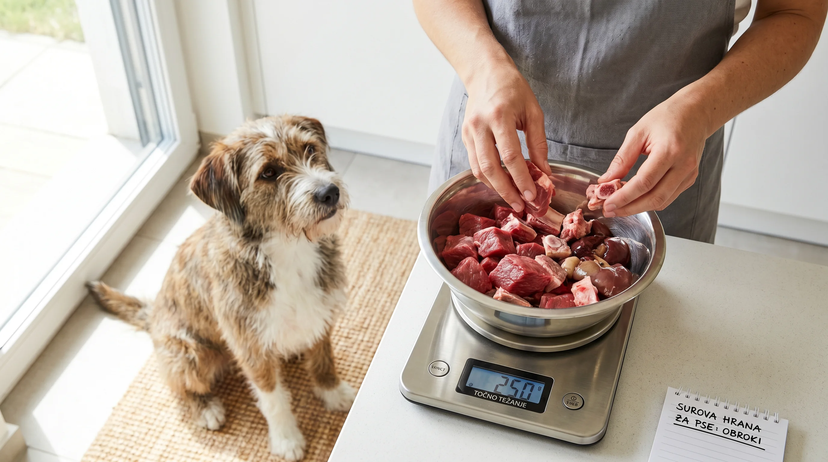 Naravna prehrana psov (BARF) v praksi: kaj, zakaj in kako začeti 4 A dog owner measuring raw BARF dog food on a digital kitchen scale, portioning a stainless-steel bowl with lean muscle meat, small edible bone pieces,