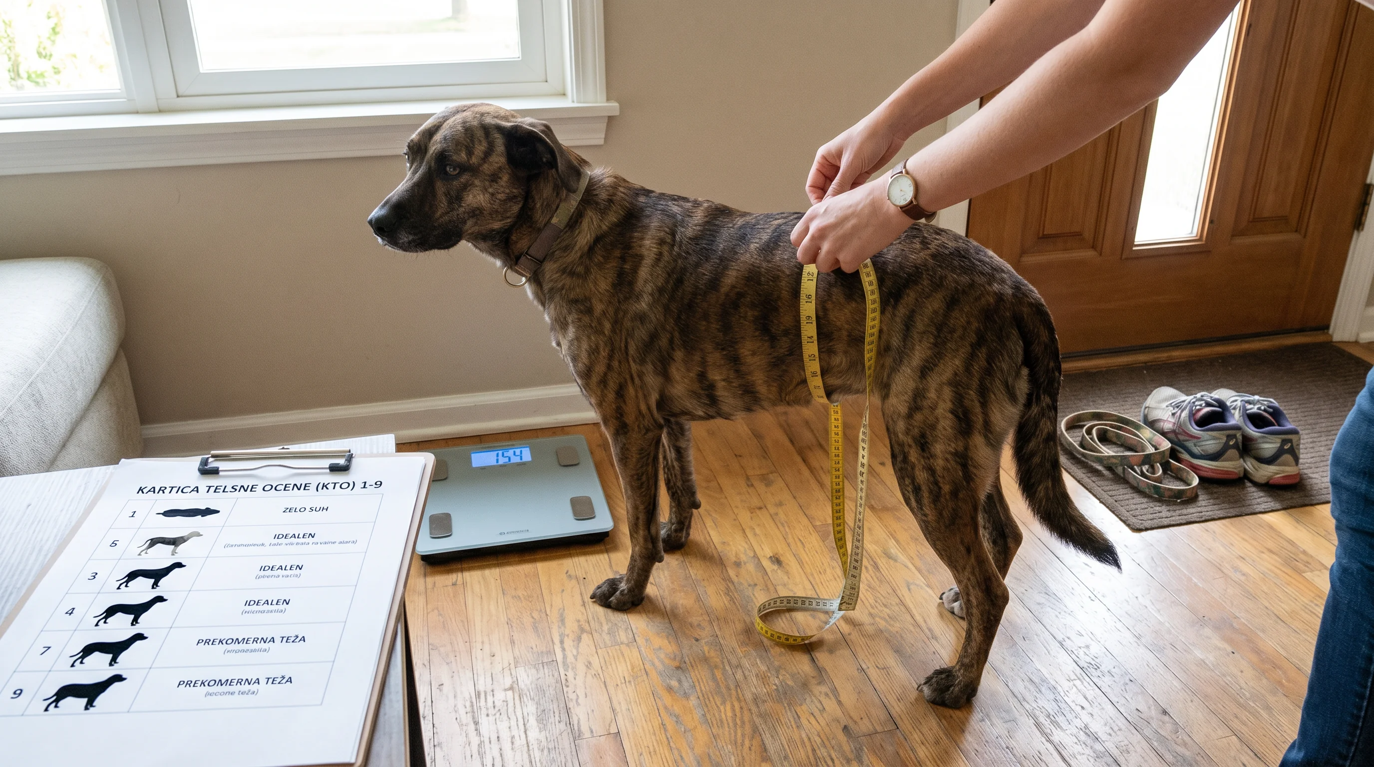 Koliko hrane pes potrebuje: doziranje po teži, BCS in aktivnosti 2 A medium-sized mixed-breed dog being gently measured around the waist with a soft measuring tape by a person's hands (no face visible), next to a digi