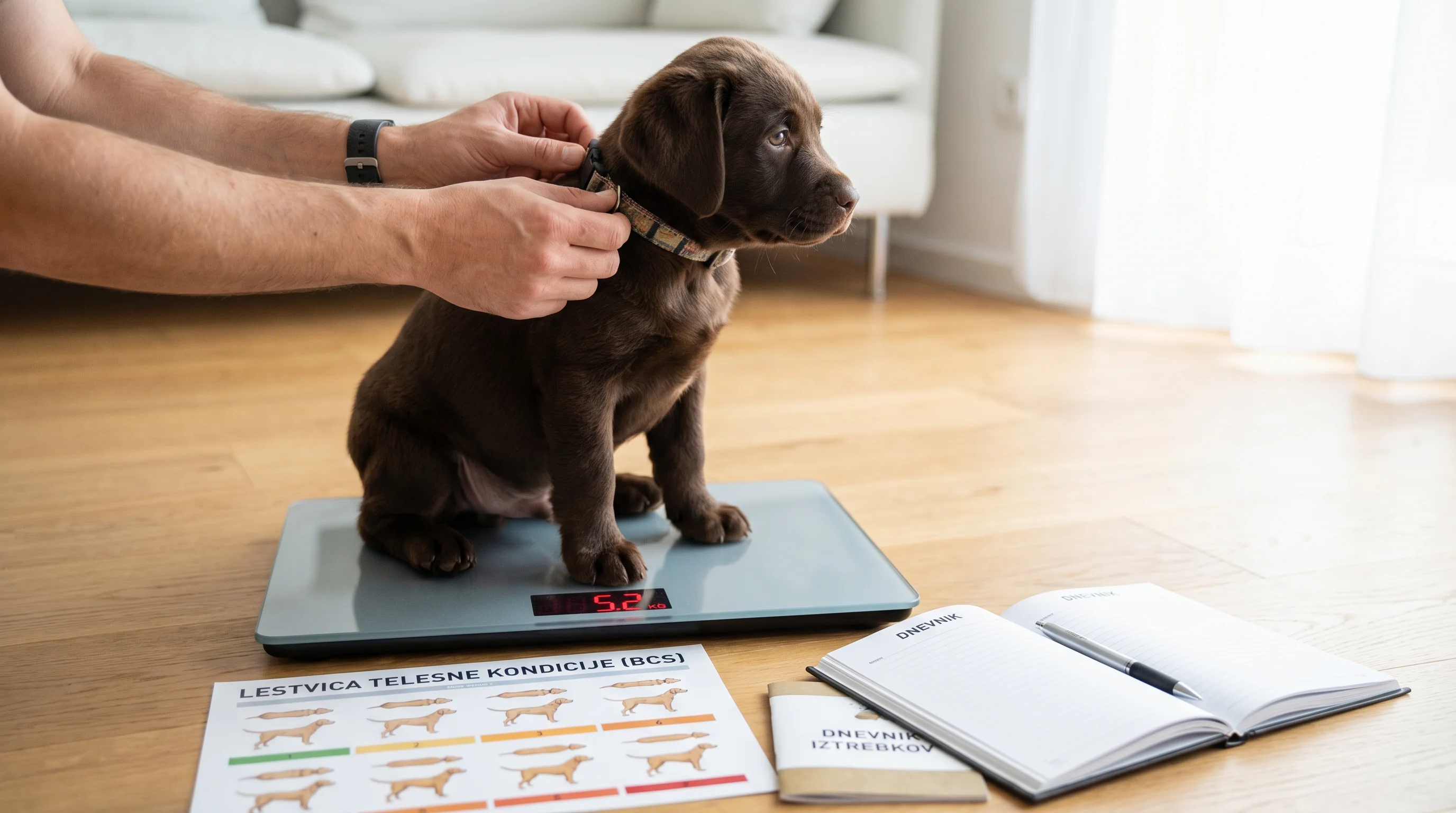 Mladiči na BARF: varna uvedba, rast in kalcij/fosfor razmerja 4 A medium-breed puppy being weighed on a digital pet scale at home; owner's hands adjusting the collar; beside the scale a printed body condition score