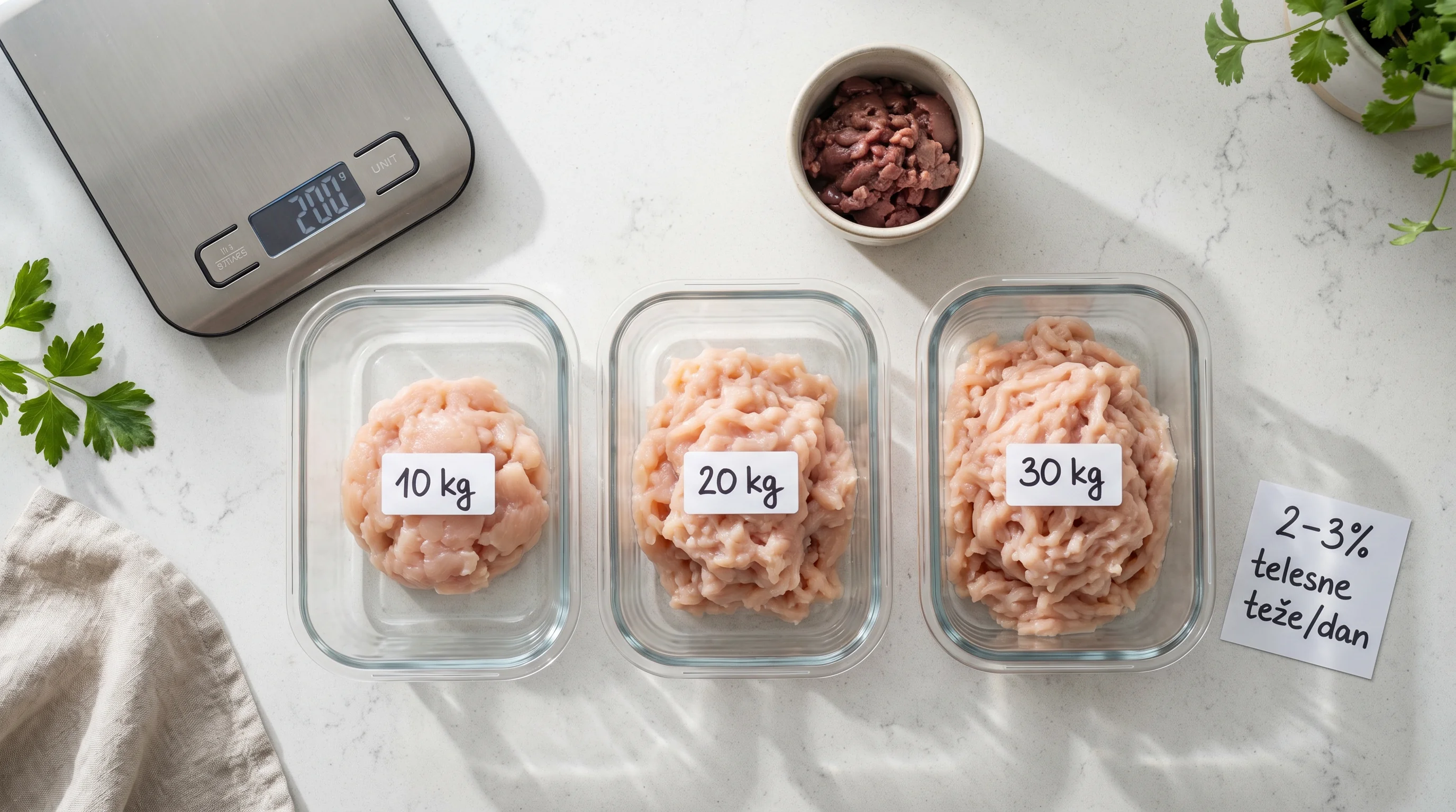 14‑dnevni načrt prehoda na BARF: koraki, opazovanje in prilagoditve 4 Top-down view of a clean kitchen counter showing a digital scale weighing raw dog food portions in three labeled containers: '10 kg', '20 kg', '30 kg'