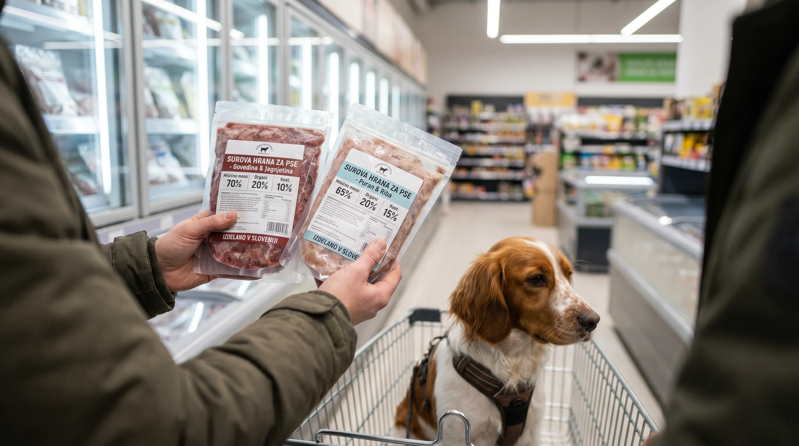 Kako brati deklaracije surove hrane: kakovost sestavin in transparentnost 2 Over-the-shoulder close-up of hands comparing two frozen raw dog food packages in a pet store freezer aisle, focusing sharply on the ingredient labels